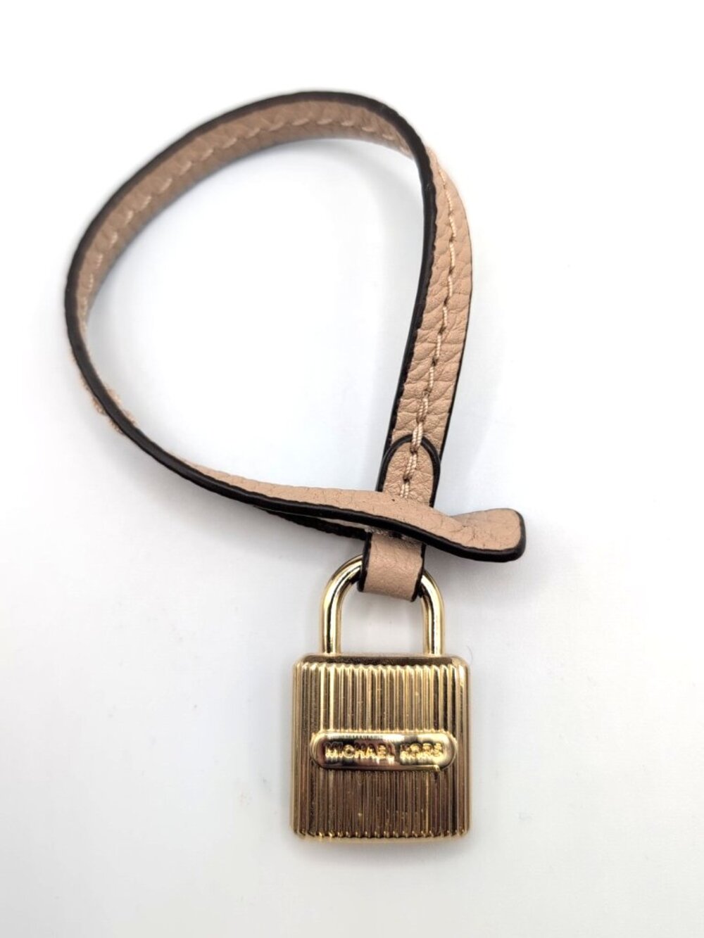 Michael Kors Gold Tone Metal Luggage Bag Tag Padlock Shape on Tan Strap VGC